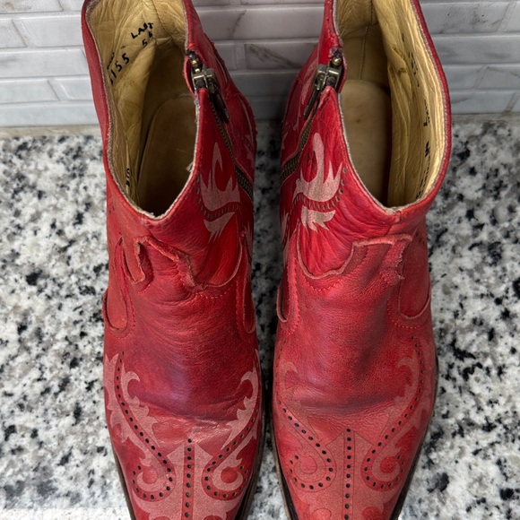 Women's Red Leather Western Ankle Booties - Stylish Embossed Design - Picture 3 of 16